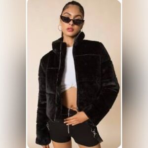 New Tiger Mist Bridget Puffer Cropped Faux Fur Jacket In Black Size XS